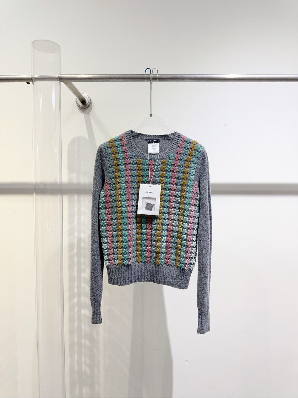 CHANEL Gray Sweater with Pastel Pink, Green, Yellow and Blue Stripes